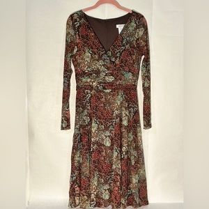 Coldwater Creek, midi dress, long sleeve, brown/blue floral with sparkles